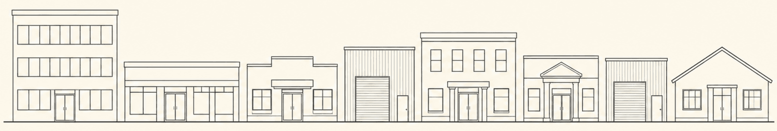 A line-drawn elevation row of low-rise commercial buildings: offices, a strip retail unit, a medical suite, a warehouse and a community hall.