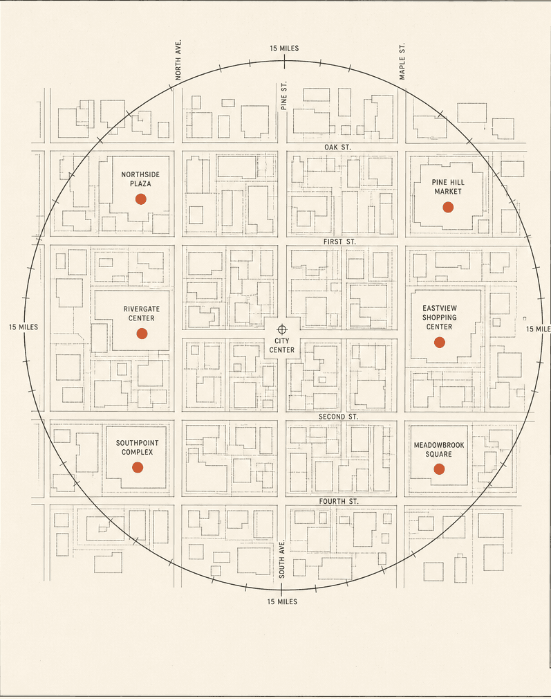 A surveyor's plan of a service area: a street grid, commercial building footprints, and a 15-mile drive radius drawn around the city centre.